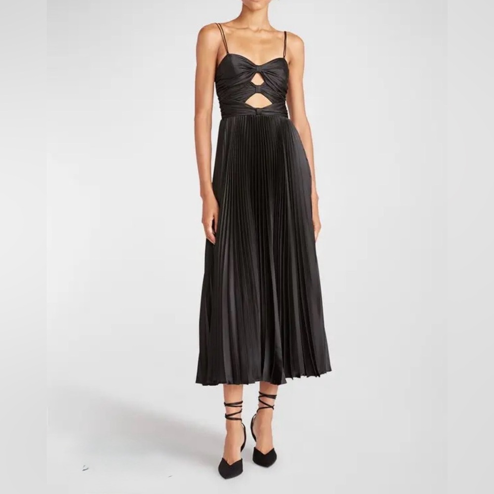 AMUR Black Pleated Midi Dress with Cutout Bodice